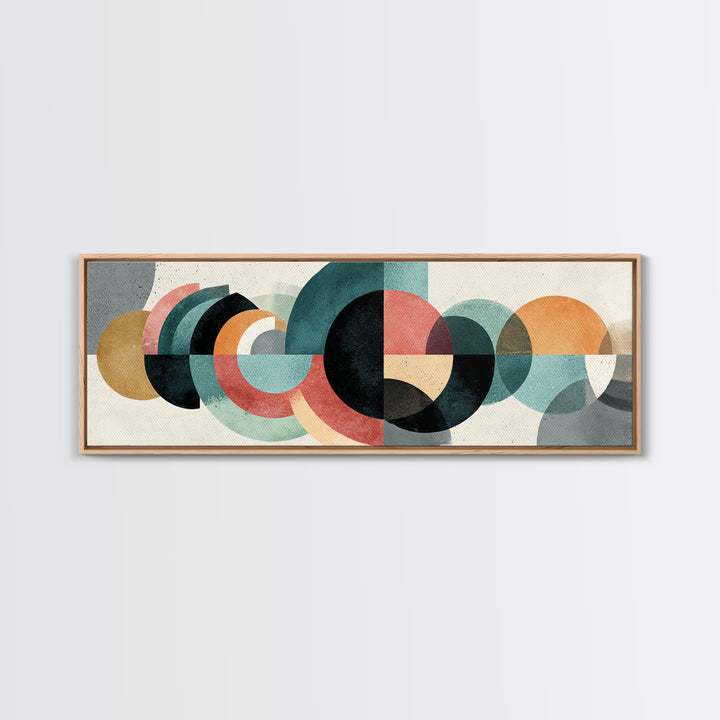 Layered Teal Coral Mustard Circle Wall Art, Midcentury Modern Abstract Art, Bauhaus Geometric Decor, Framed Canvas Print