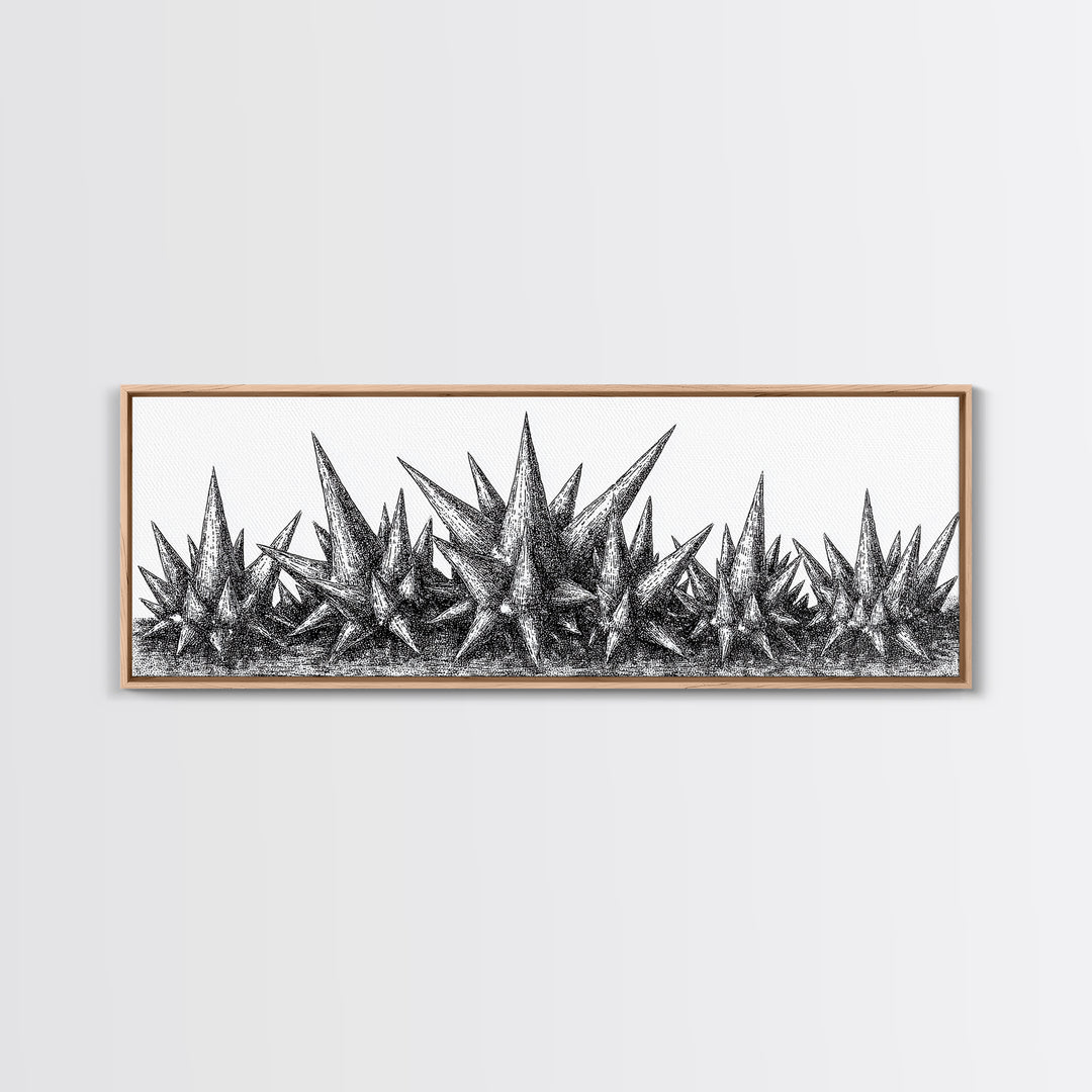Black Spiky Crystal Landscape Wall Art, Minimalist Abstract Line Art, Monochrome Modern Wall Decor, Framed Canvas Print Gift