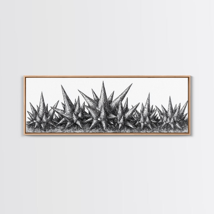 Black Spiky Crystal Landscape Wall Art, Minimalist Abstract Line Art, Monochrome Modern Wall Decor, Framed Canvas Print Gift