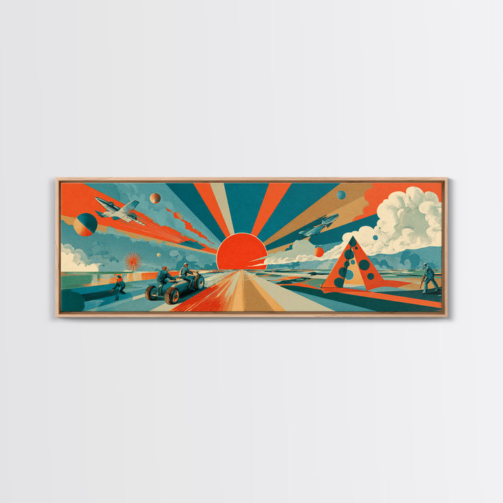 Retro Futurist Desert Sunrise With Jets And Rover Wall Art, Midcentury Modern Space Poster, Atomic MCM Decor, Sci Fi Print