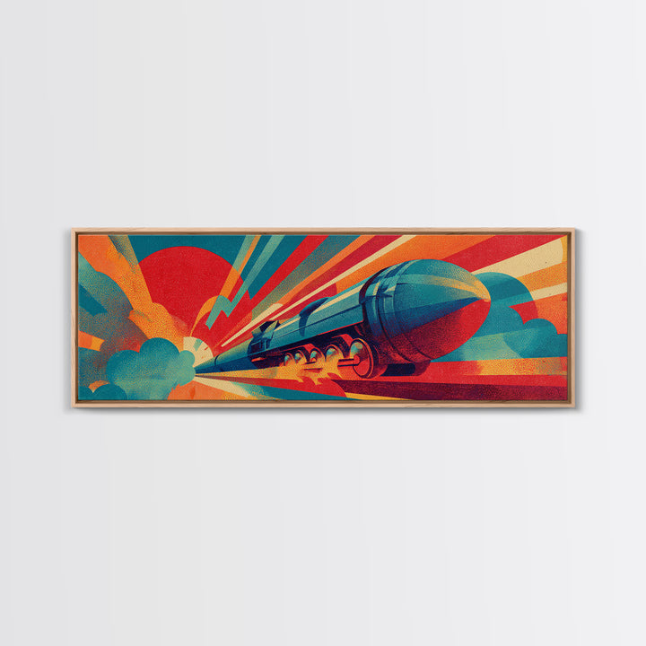 Streamlined Rocket Train Racing Past Red Sun Canvas Print, Midcentury Modern Art, Retro Futuristic Rail Poster, MCM Wall Decor