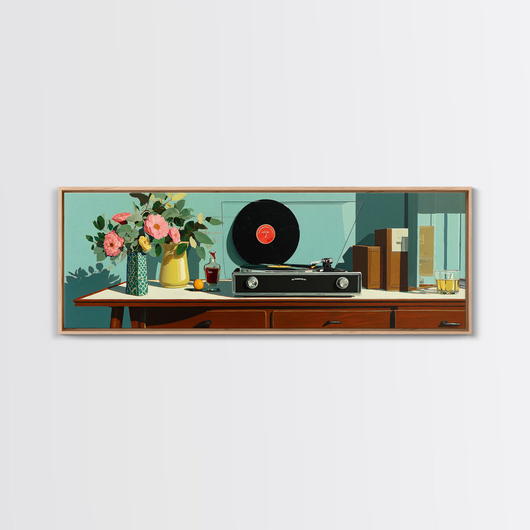 Teal Vinyl And Flower Console Canvas Print, Mid Century Modern Wall Decor, Record Player Art Print, Retro Living Room Decor