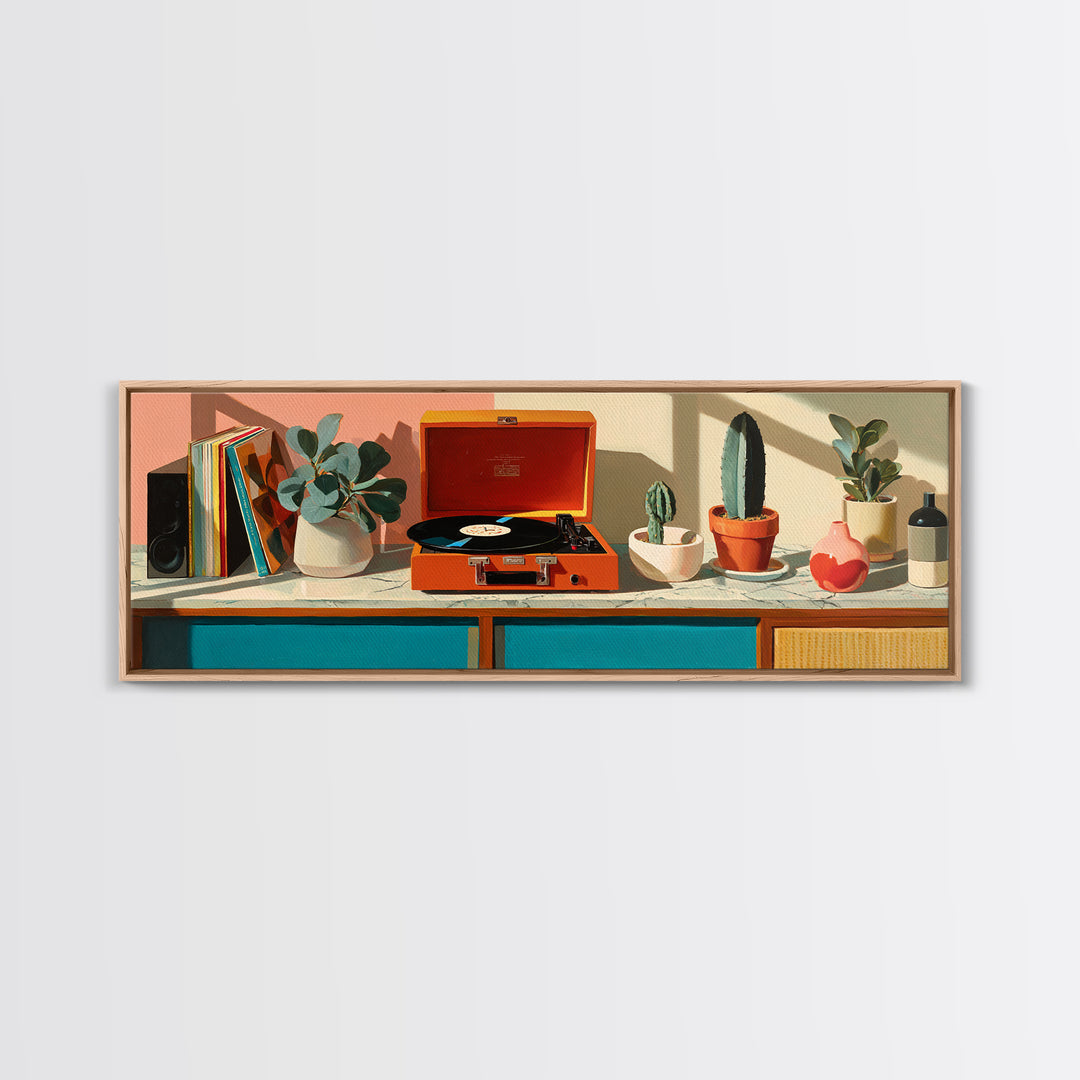 Orange Portable Record Player Wall Art, Mid Century Modern Shelf Decor, Cactus Vinyl Print, Retro Music Room Home Decor Poster