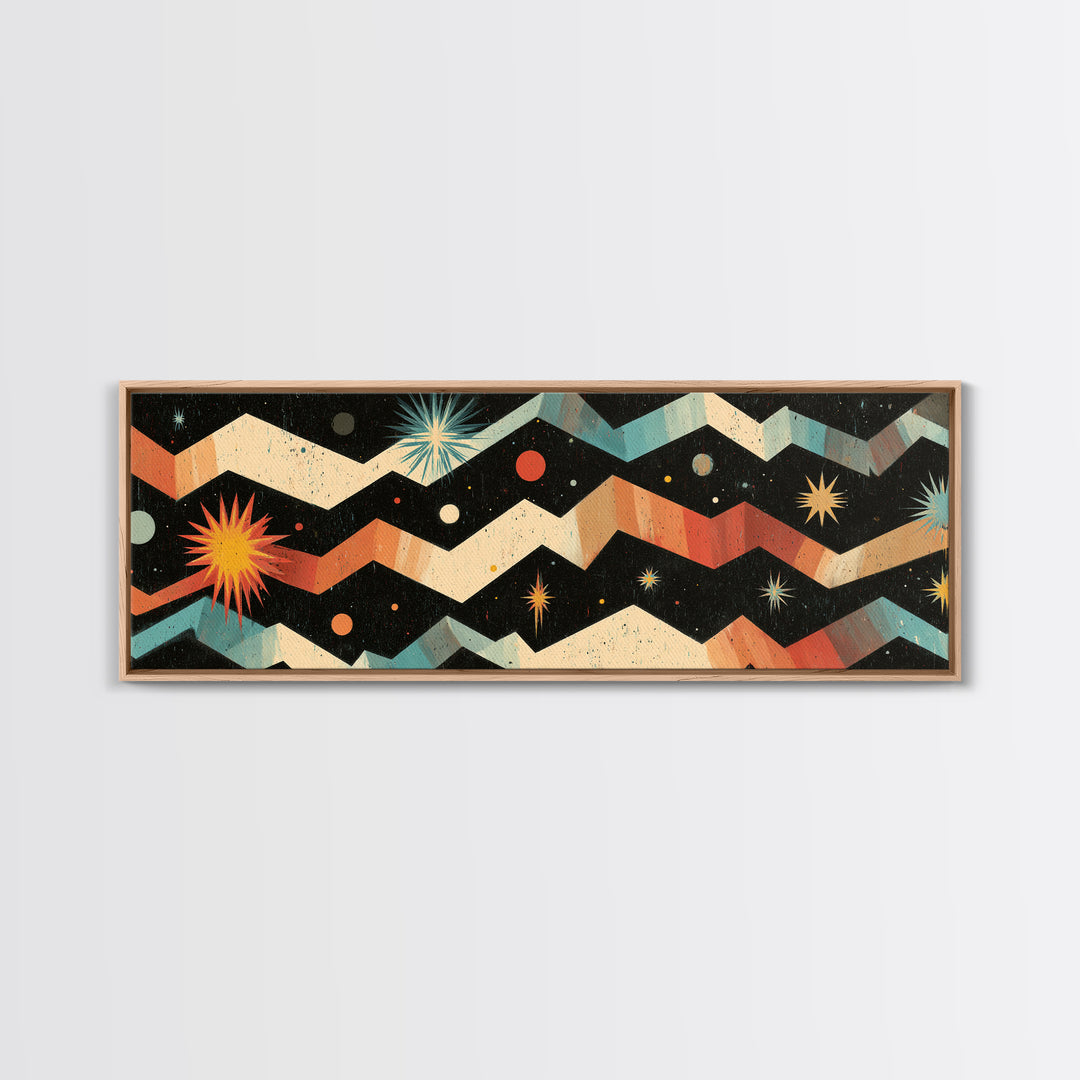 Starry Zigzag Space Abstract Canvas Print, Mid Century Modern Atomic Art, Retro Geometric Wall Decor, Colorful Cosmic Poster