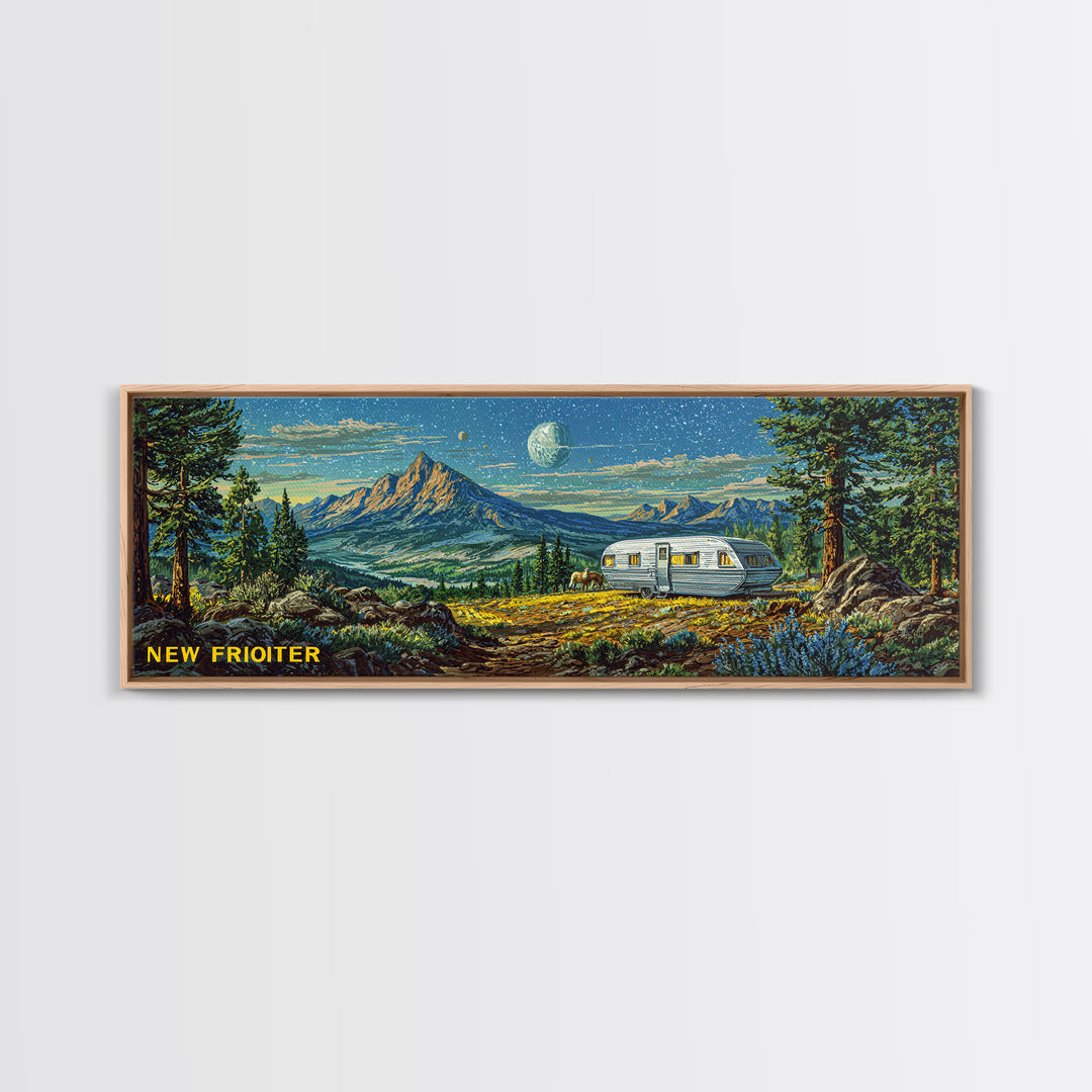New Frontier Camper Mountain Canvas Print, Retro Travel Wall Art, Midcentury Modern Landscape Poster, Rustic Cabin Decor Gift