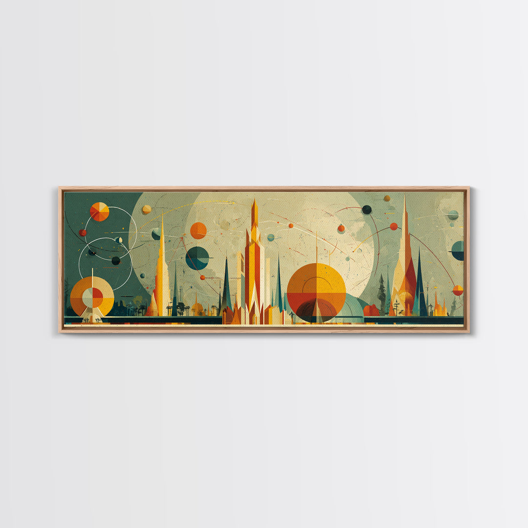 Atomic Future City Skyline Wall Art, Midcentury Modern Abstract Print, Retro Space Age Decor, Orange Blue Geometric Poster