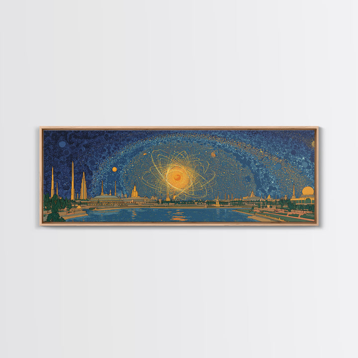 Golden Cosmic Skyline Wall Art, Midcentury Modern Abstract Print, Retro Space Age Poster, Blue Orange Living Room Home Decor