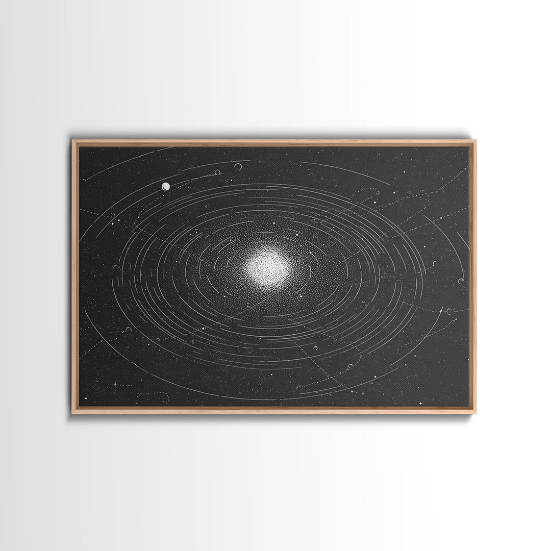 Black White Orbiting Galaxy Starfield Canvas Print, Modern Abstract Wall Art, Space Retro Geometric Poster, Cosmic Home Decor