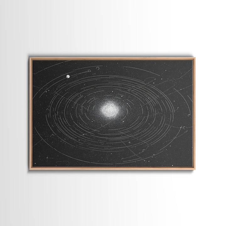 Black White Orbiting Galaxy Starfield Canvas Print, Modern Abstract Wall Art, Space Retro Geometric Poster, Cosmic Home Decor