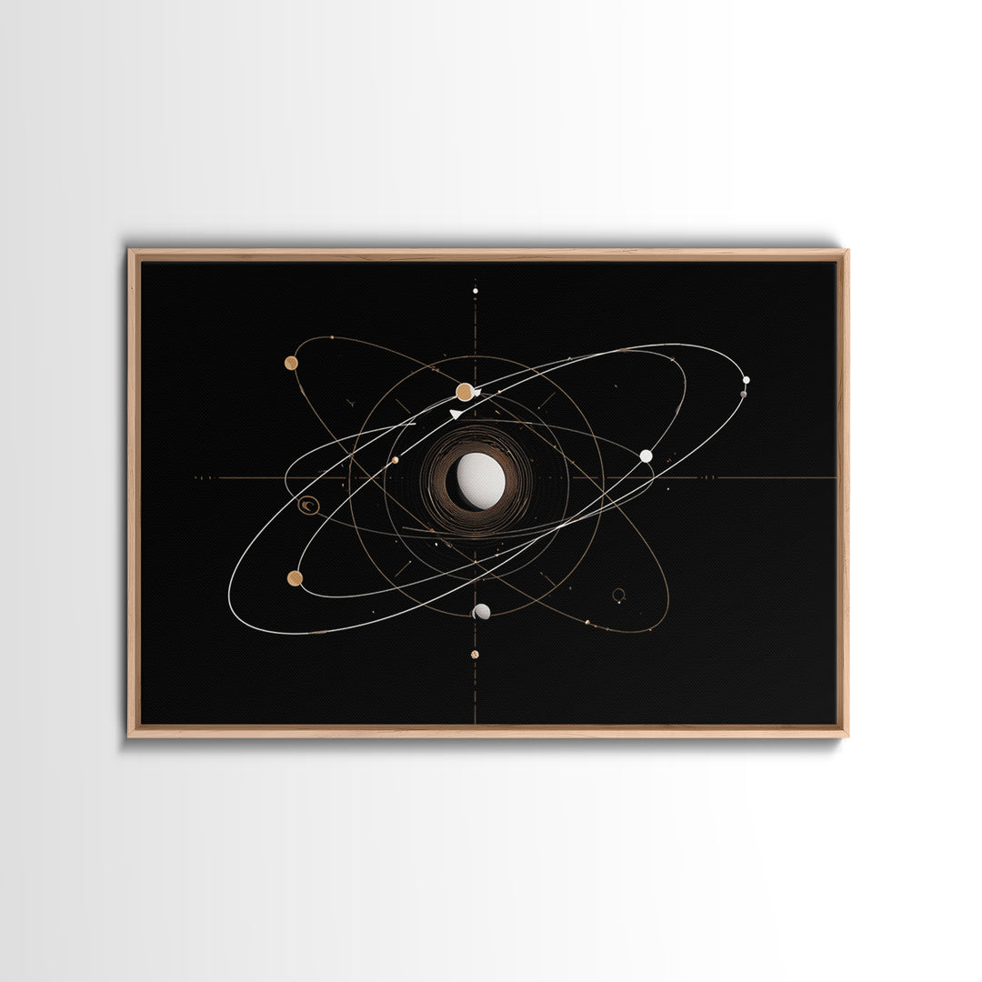 Gold Atomic Orbit Diagram Wall Art, Midcentury Modern Space Abstract Art, Geometric Black Home Wall Decor, MCM Canvas Print
