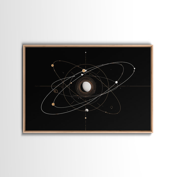 Gold Atomic Orbit Diagram Wall Art, Midcentury Modern Space Abstract Art, Geometric Black Home Wall Decor, MCM Canvas Print