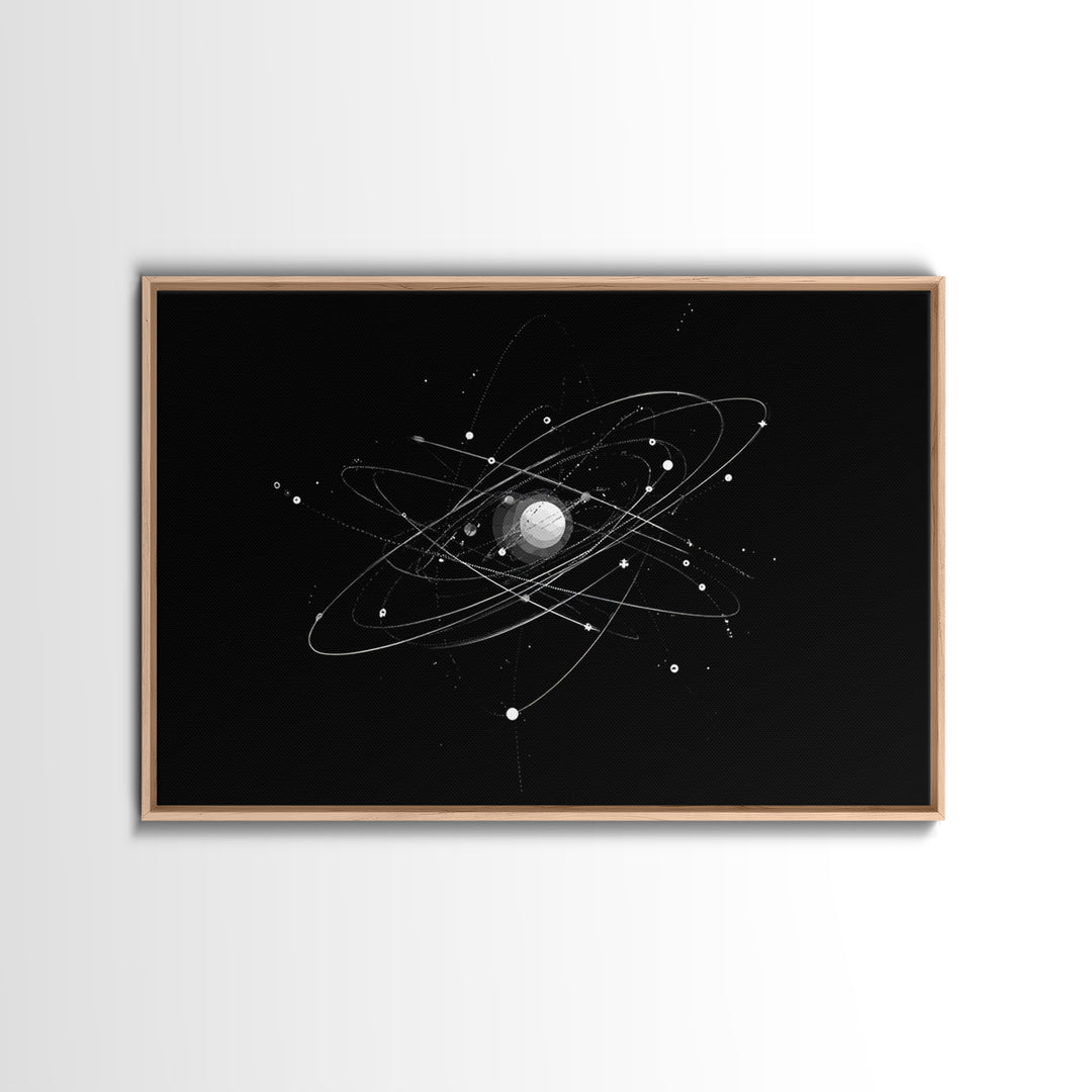 Silver Atomic Orbit Lines Wall Art, Modern Abstract Space Poster, Black And White Geometric Decor, Midcentury Canvas Print