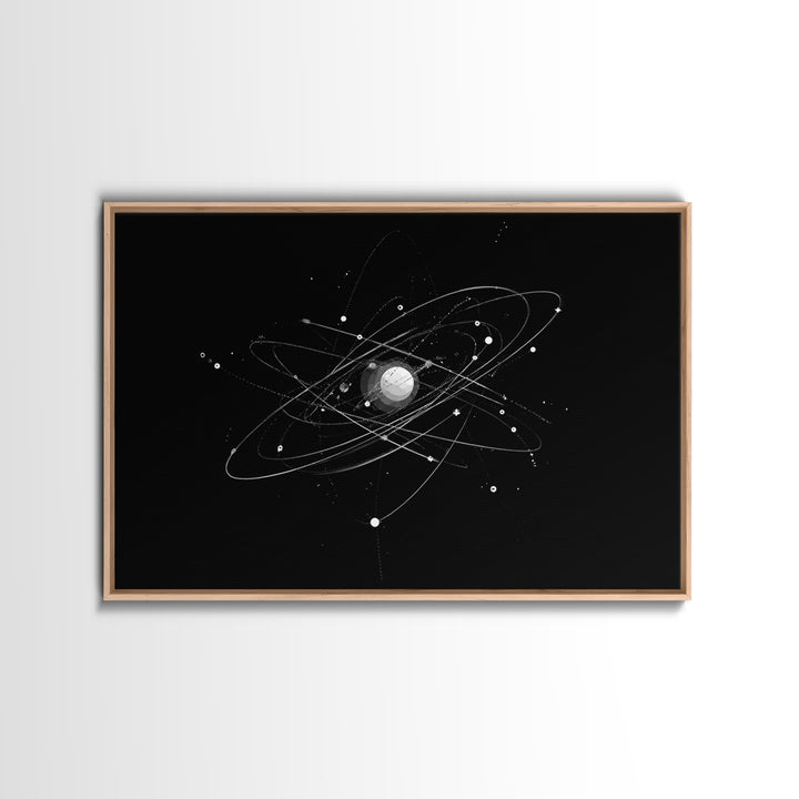 Silver Atomic Orbit Lines Wall Art, Modern Abstract Space Poster, Black And White Geometric Decor, Midcentury Canvas Print