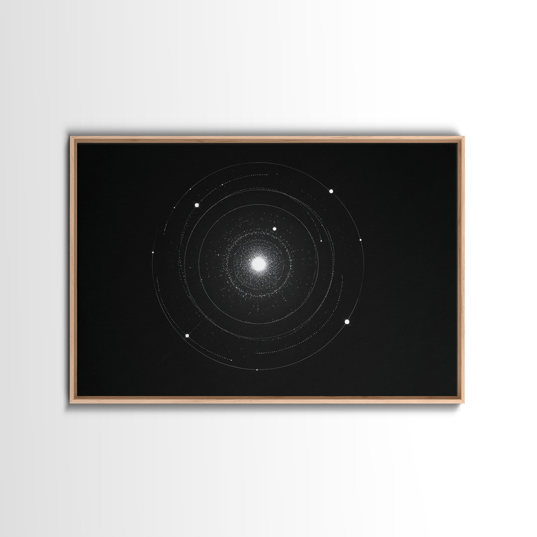 Minimal Solar System Orbit Wall Art, Black And White Space Abstract Art, Modern Geometric Poster Decor, Framed Canvas Print