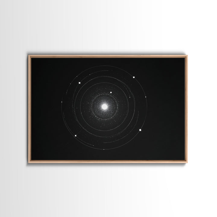 Minimal Solar System Orbit Wall Art, Black And White Space Abstract Art, Modern Geometric Poster Decor, Framed Canvas Print