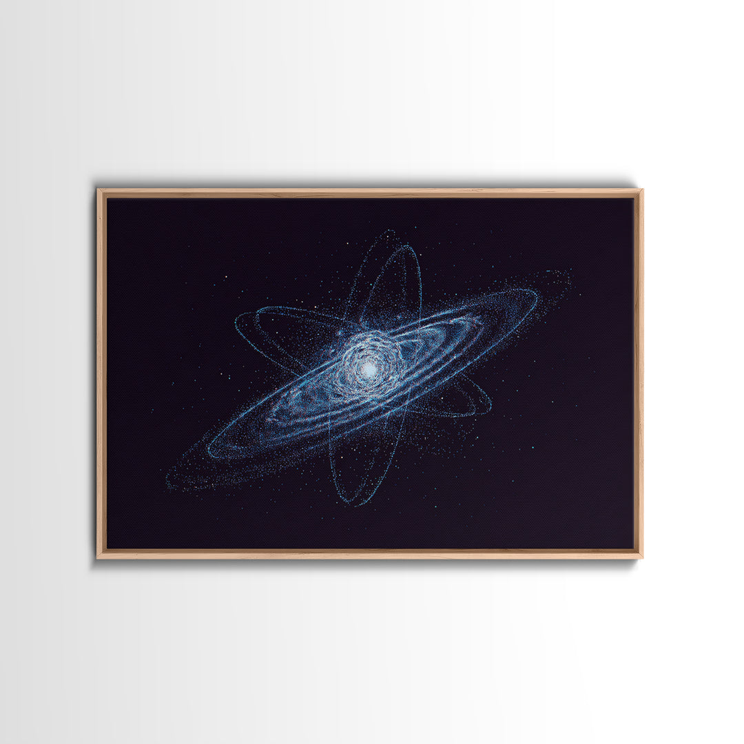 Blue Particle Galaxy Orbit Wall Art, Cosmic Retro Art, Space Abstract Art Print, Modern Geometric Home Decor, Canvas Print