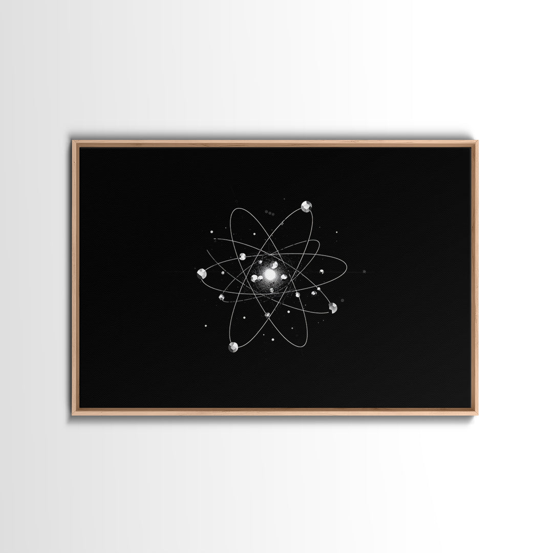 Bright Atomic Nucleus Orbit Wall Art, Black And White Modern Art Print, Geometric Space Decor Poster, Midcentury Canvas Print