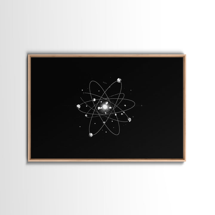Bright Atomic Nucleus Orbit Wall Art, Black And White Modern Art Print, Geometric Space Decor Poster, Midcentury Canvas Print