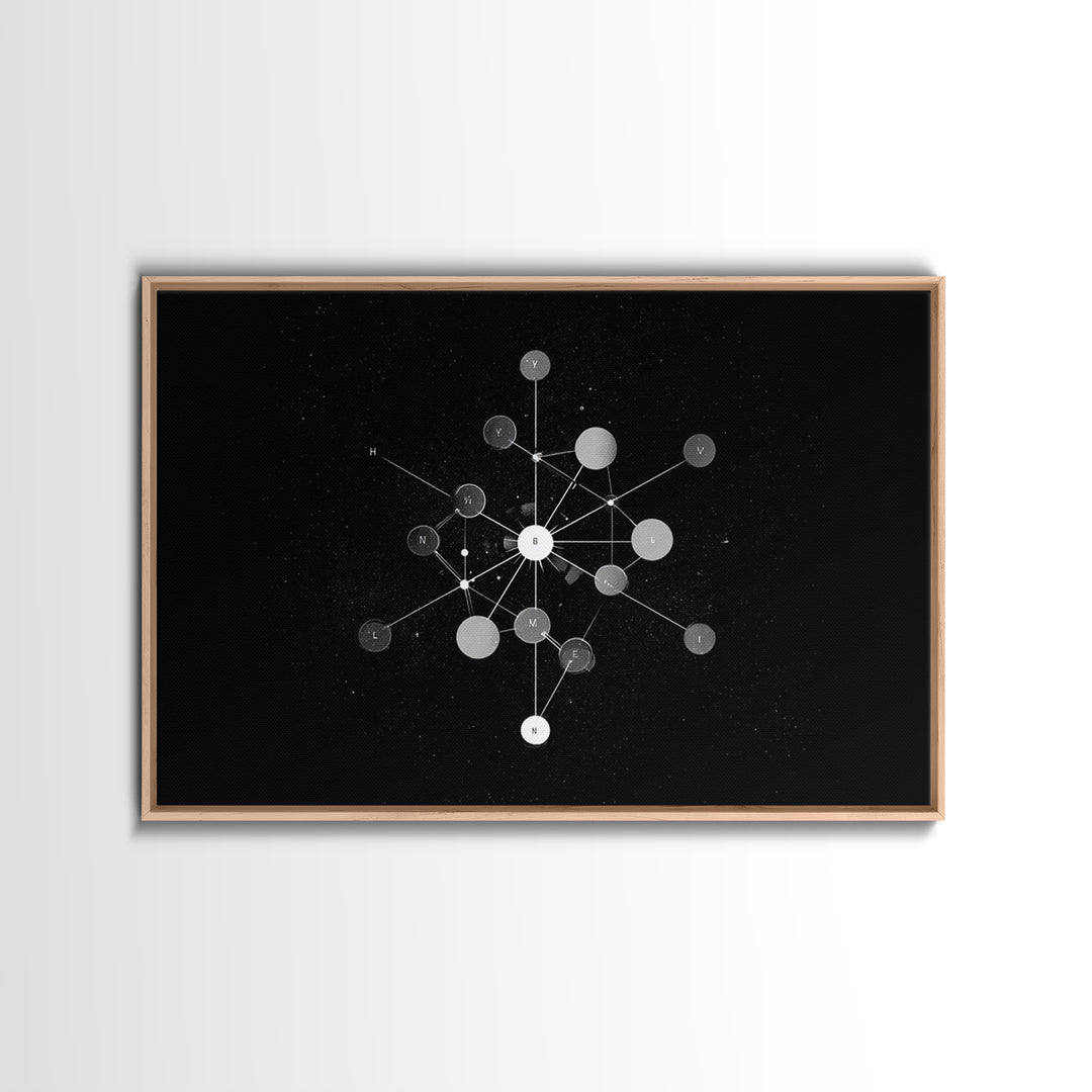 Scientific Molecular Network Wall Art, Black And White Modern Abstract Art, Geometric Science Decor, Framed Canvas Print