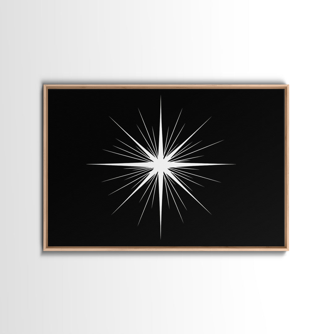 Sharp White Starburst Wall Art, Midcentury Atomic Art Print, Black Minimalist Modern Poster Decor, Geometric Canvas Print