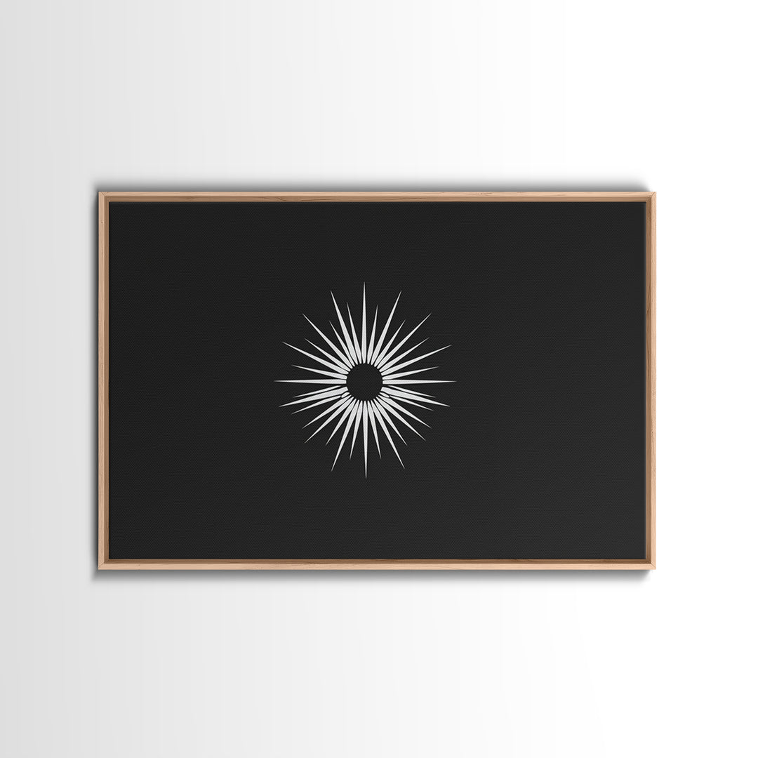 White Sunburst Eclipse Wall Art, Minimalist Black Modern Art Print, Midcentury Atomic Geometric Decor, Framed Canvas Print