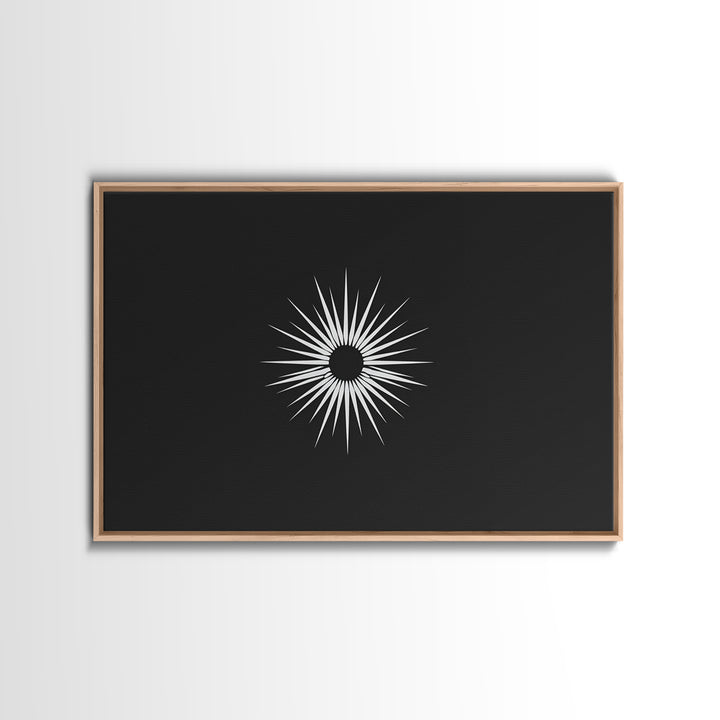 White Sunburst Eclipse Wall Art, Minimalist Black Modern Art Print, Midcentury Atomic Geometric Decor, Framed Canvas Print