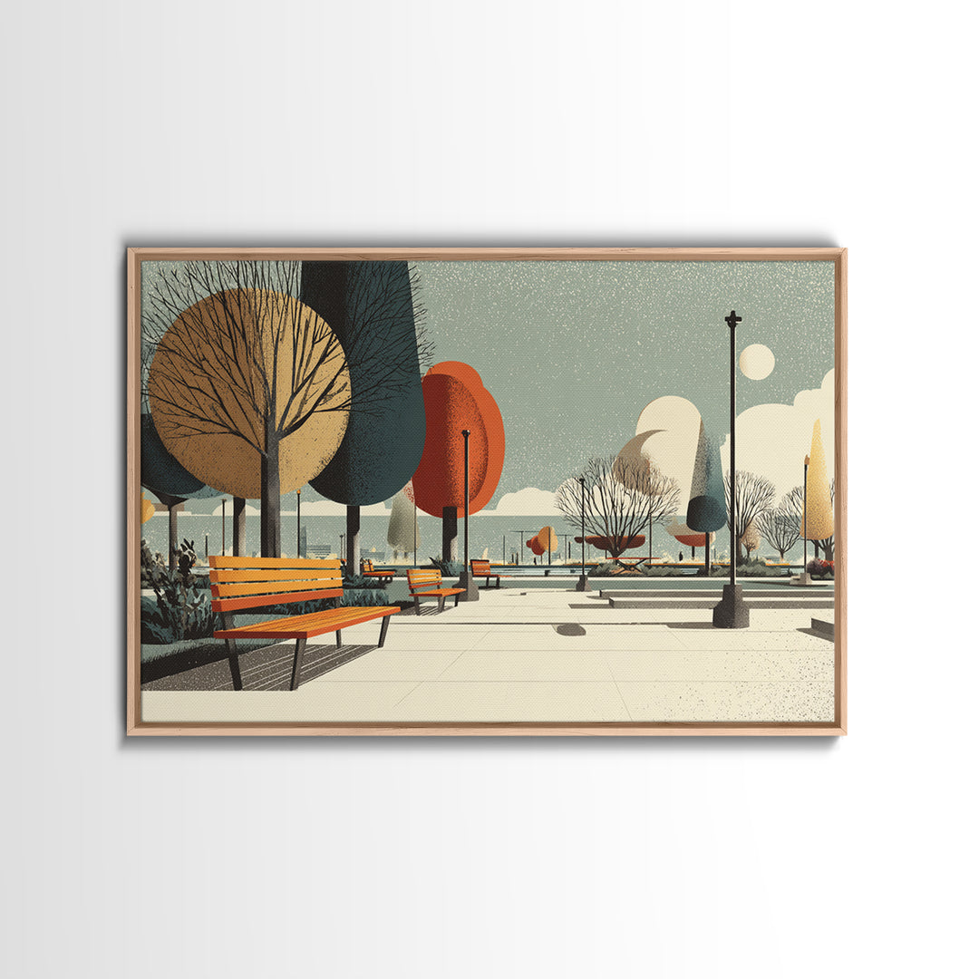Autumn Lakeside Park Wall Art, Midcentury Modern Print, Scenic City Landscape Poster, Retro Bench Living Room Decor, Office Wall Decor