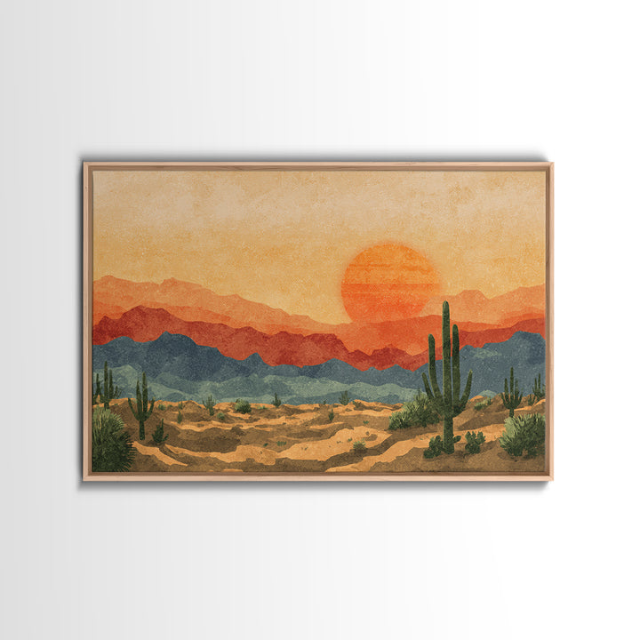 Textured Desert Mountains Wall Art, Orange Sunset Cactus Print, Midcentury Modern Landscape, Southwestern Living Room Decor