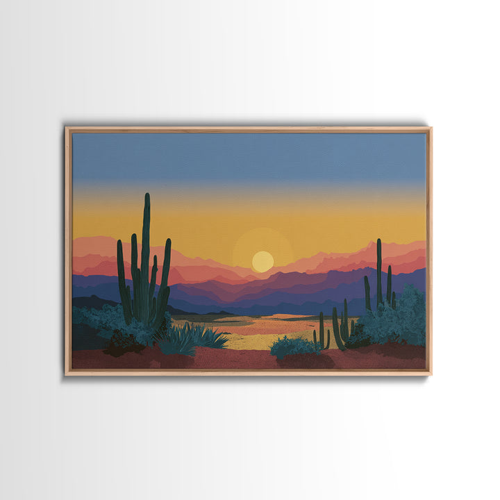 Blue Gold Desert Sunset Wall Art, Saguaro Cactus Landscape Print, Midcentury Modern Art Poster, Southwestern Home Decor, MCM Decor