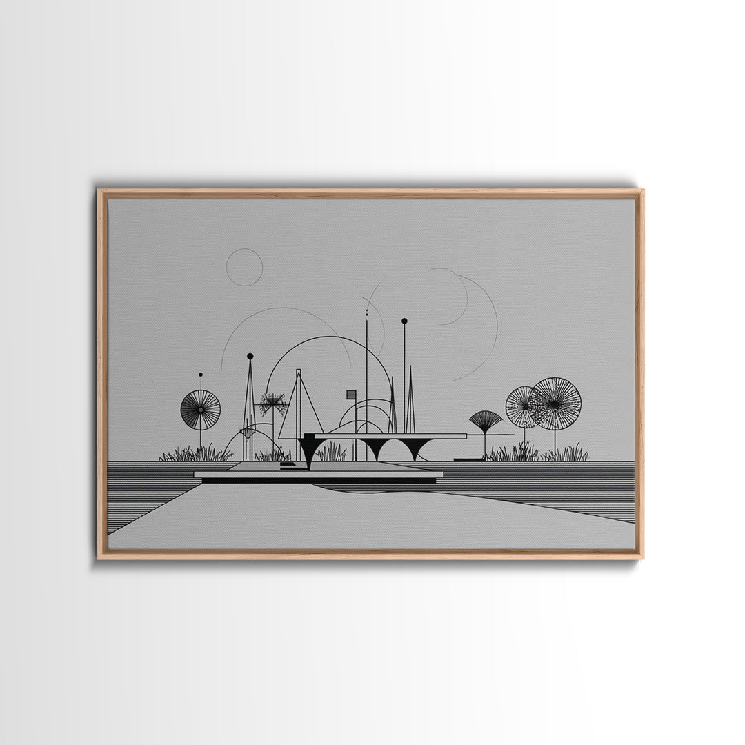 Black White Architectural Line Wall Art, Midcentury Modern Abstract Print, Atomic Ranch Landscape, Minimalist Home Decor