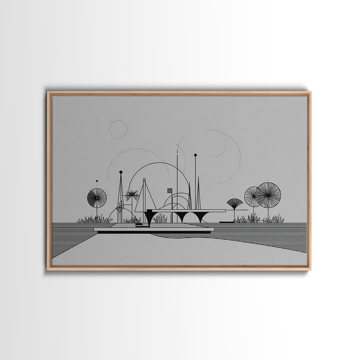 Black White Architectural Line Wall Art, Midcentury Modern Abstract Print, Atomic Ranch Landscape, Minimalist Home Decor