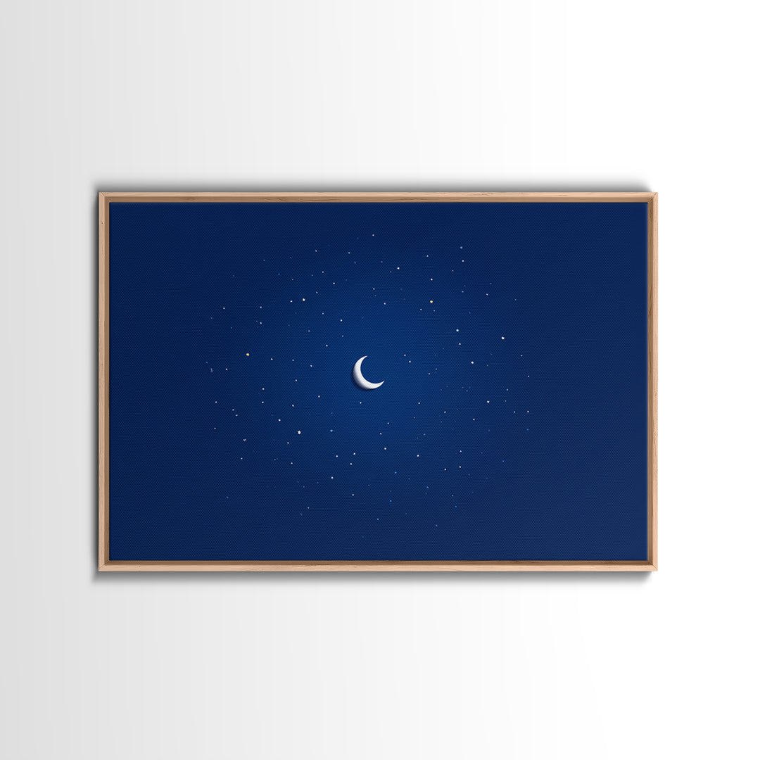 Minimal Crescent Moon Stars Wall Art, Deep Blue Night Sky Print, Modern Celestial Poster, Nursery Bedroom Wall Decor, Kids Room Decor