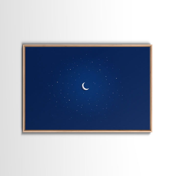 Minimal Crescent Moon Stars Wall Art, Deep Blue Night Sky Print, Modern Celestial Poster, Nursery Bedroom Wall Decor, Kids Room Decor