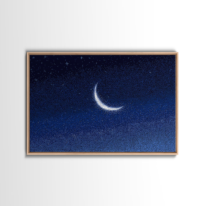 Glowing Crescent Moon Starry Sky Canvas Print, Blue Celestial Wall Art, Modern Night Poster, Minimalist Bedroom Decor, Nursery Decor