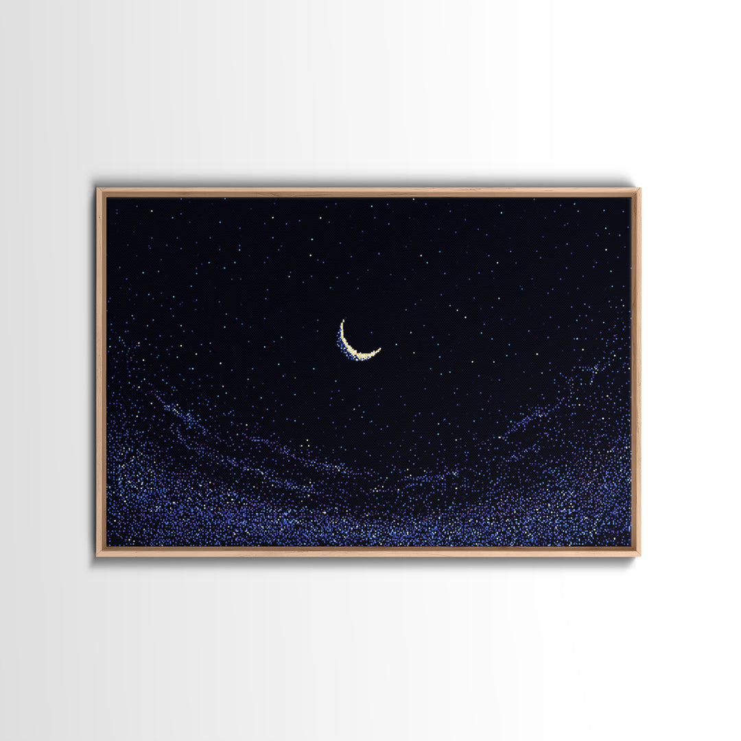 Crescent Moon Starry Night Wall Art, Pixel Sky Landscape, Blue Celestial Poster, Retro Modern Decor, Bedroom Print Gift Idea