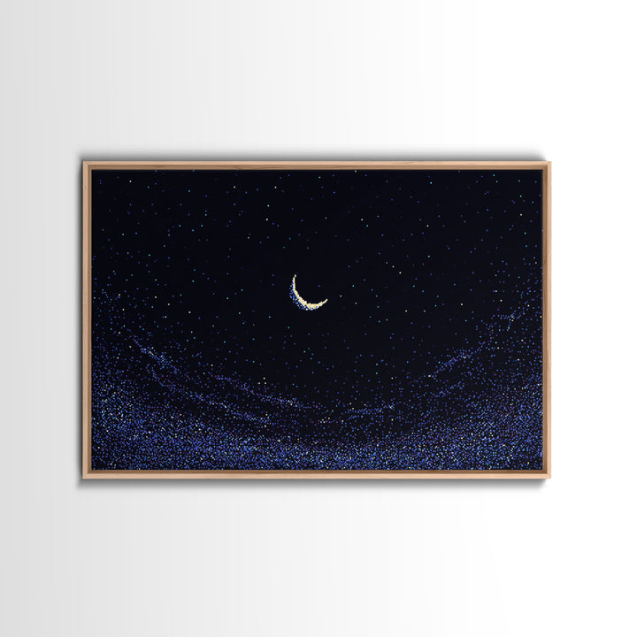 Crescent Moon Starry Night Wall Art, Pixel Sky Landscape, Blue Celestial Poster, Retro Modern Decor, Bedroom Print Gift Idea