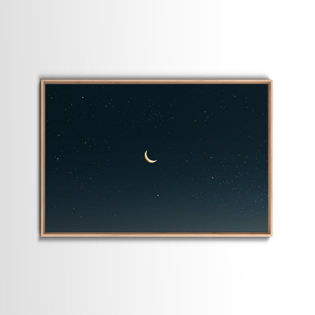 Minimal Crescent Moon Canvas Print, Teal Starry Sky, Celestial Night Landscape, Modern Wall Decor, Bedroom Poster Gift Idea