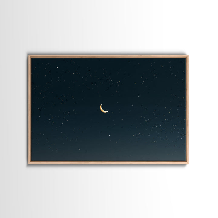 Minimal Crescent Moon Canvas Print, Teal Starry Sky, Celestial Night Landscape, Modern Wall Decor, Bedroom Poster Gift Idea
