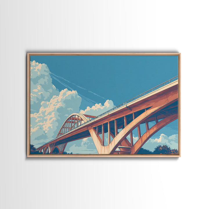 Sunlit Arch Bridge Framed Canvas Print, Modern Architecture Wall Art, Blue Sky Cloudscape, Travel Poster, Office Decor Gift Idea