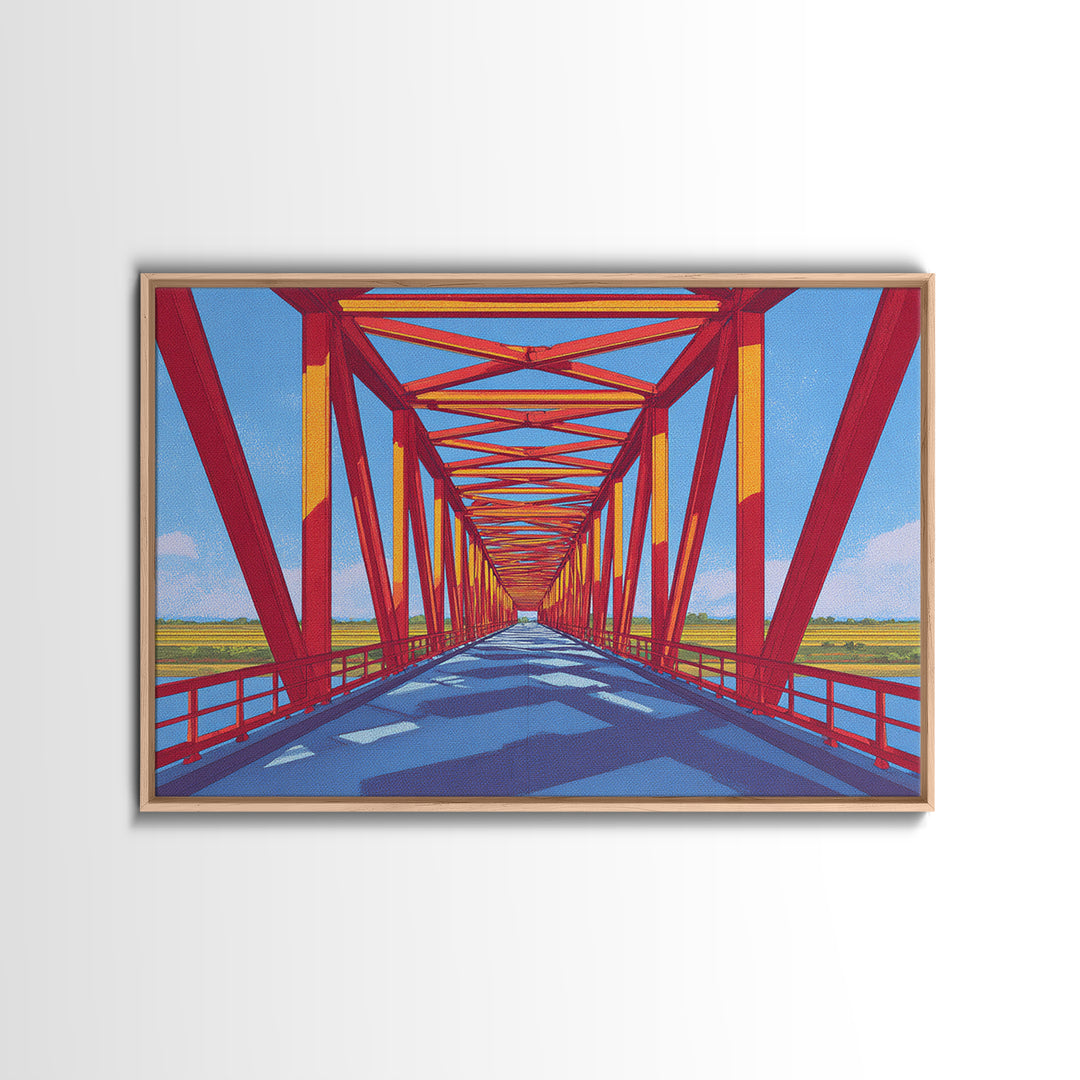 Red Truss Bridge Perspective Wall Art, Geometric Architecture Canvas Print, Bold Modern Decor, Office Poster, Travel Gift