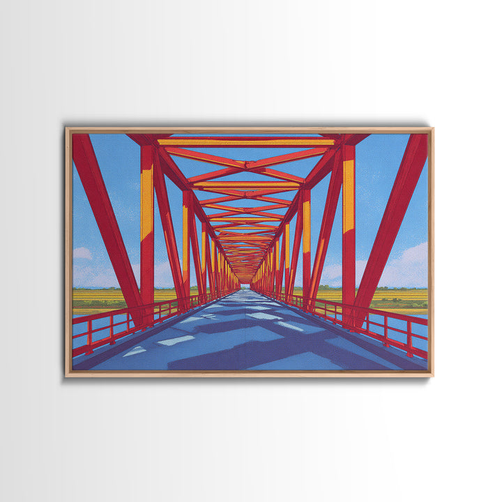 Red Truss Bridge Perspective Wall Art, Geometric Architecture Canvas Print, Bold Modern Decor, Office Poster, Travel Gift