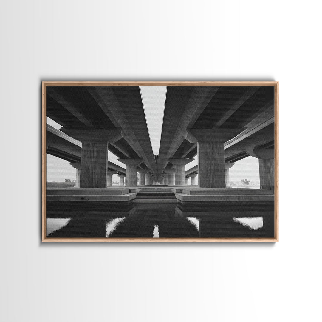Black And White Overpass Framed Canvas Print, Urban Architecture Wall Art, Minimalist Modern Office Decor, Large Poster Gift