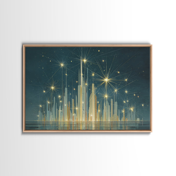 Golden Art Deco Skyline Wall Art, Firework Starburst Cityscape Canvas Print, Teal Modern Decor, Living Room Poster Gift
