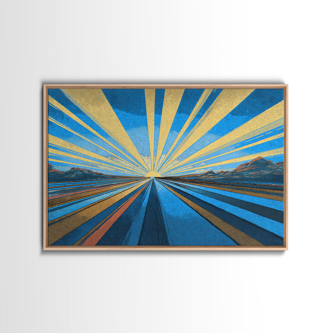 Blue Gold Sunburst Road Wall Art, Midcentury Modern Poster, Geometric Landscape Print, Retro Travel Decor, Office Decor Gift