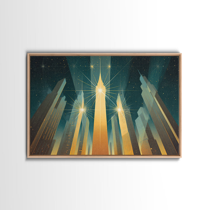 Radiant Art Deco Skyscrapers Canvas Print, Golden Starburst City Wall Art, Modern Retro Poster, Office Decor Gift Idea Print