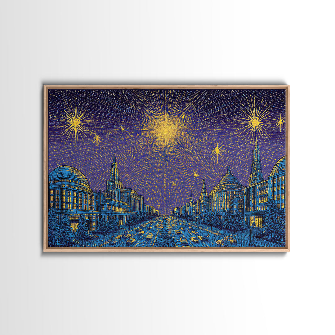 Golden Fireworks Over Retro City Skyline Wall Art, Mid Century Modern Poster, Blue Urban Landscape, Office Decor Print Gift