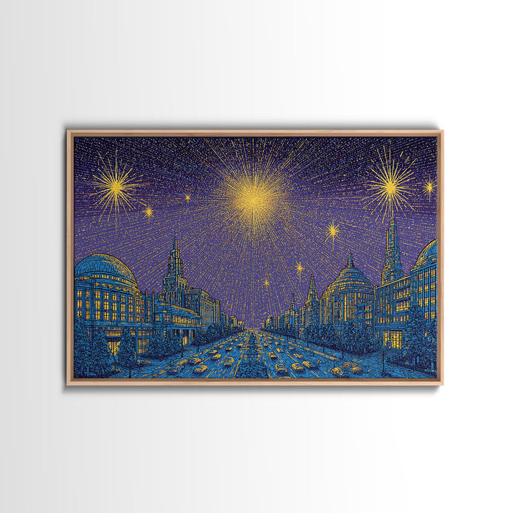 Golden Fireworks Over Retro City Skyline Wall Art, Mid Century Modern Poster, Blue Urban Landscape, Office Decor Print Gift