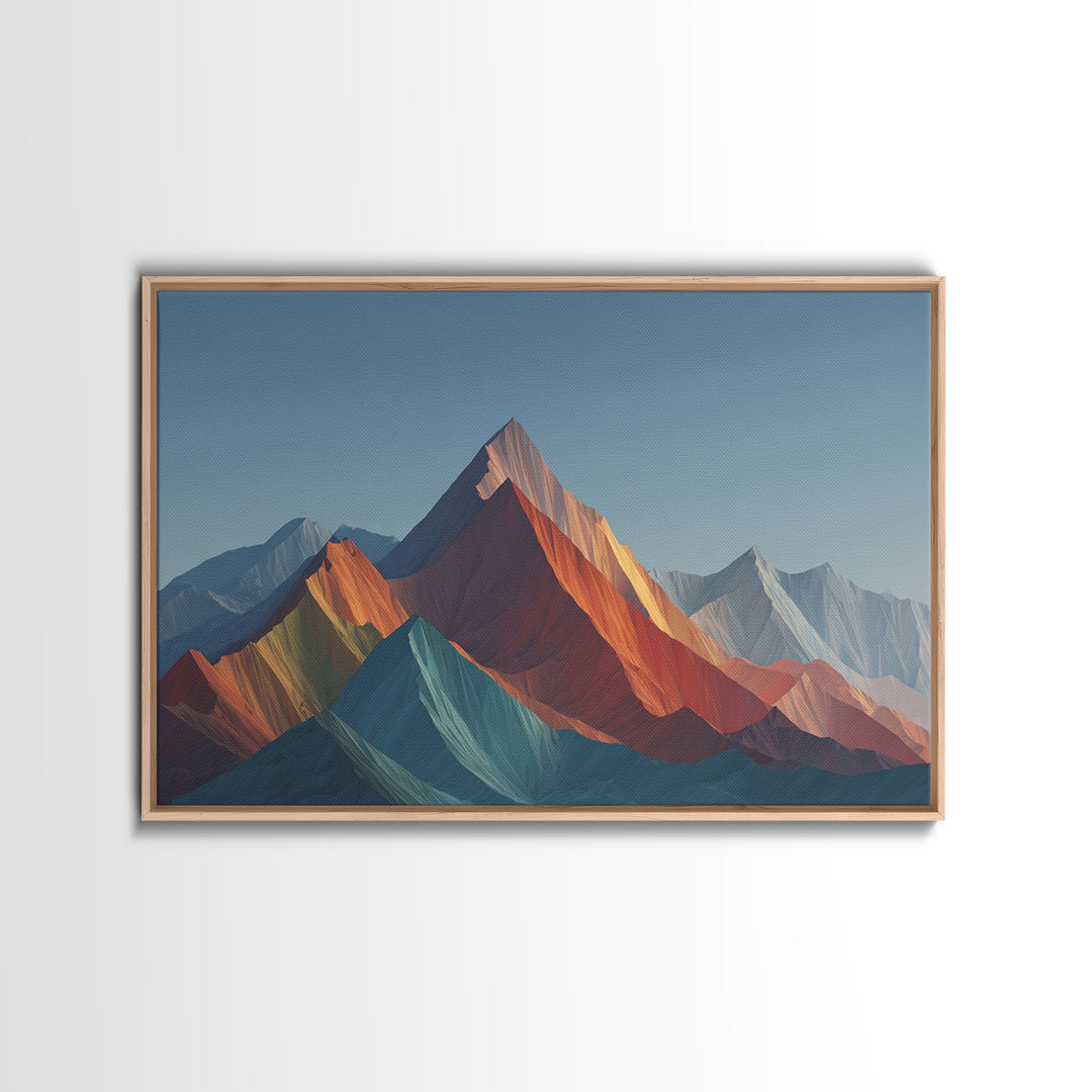 Faceted Rainbow Mountain Range Framed Canvas Print, Mid Century Modern Wall Art, Geometric Landscape, Bold Living Room Home Decor Print