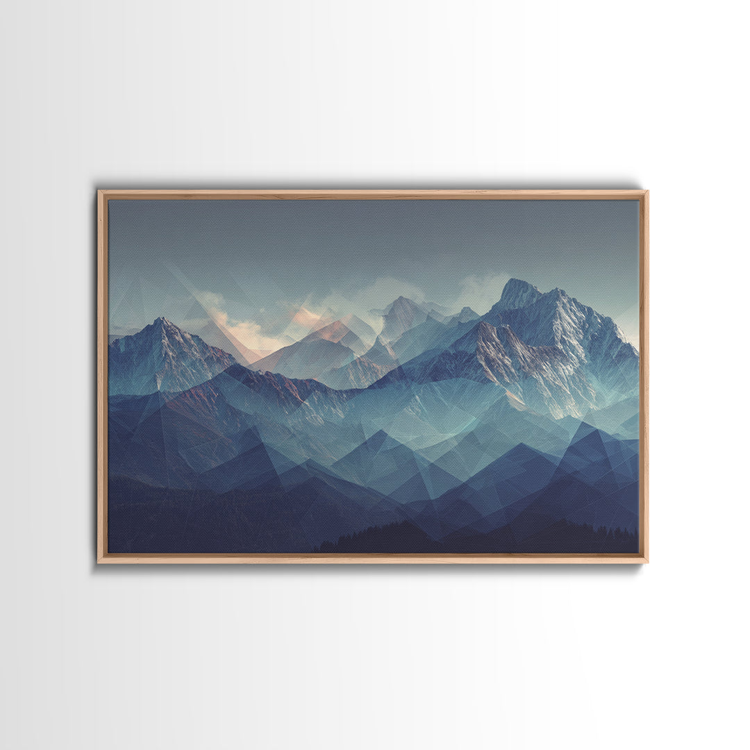 Misty Blue Polygon Mountain Vista Wall Art, Modern Abstract Landscape Print, Scandinavian Modern Decor, Bedroom Art Print