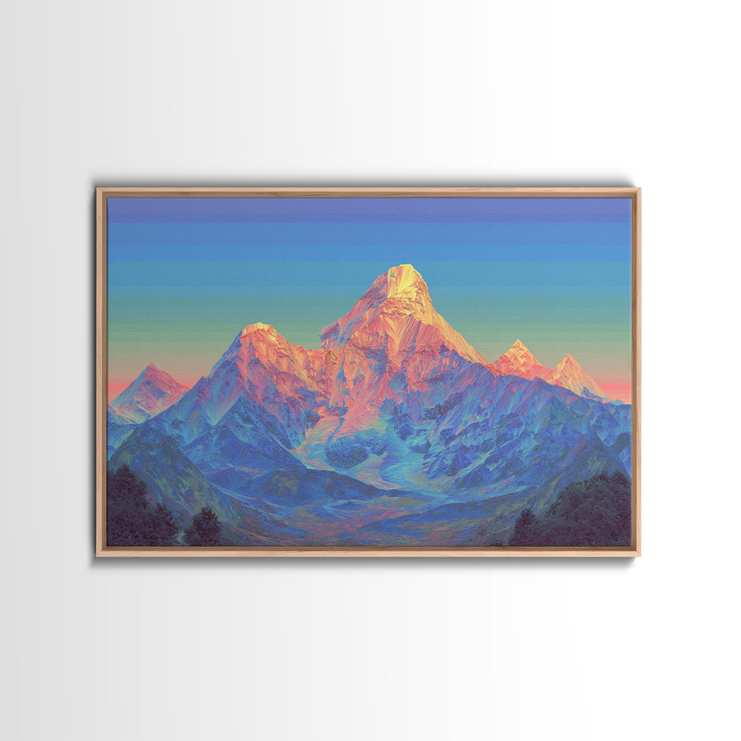 Pastel Himalayan Mountain Glow Canvas Print, Colorful Mid Century Modern Wall Art, Sunrise Landscape, Living Room Decor Print